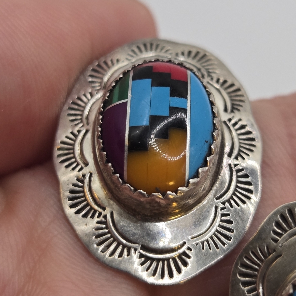 Sterling Silver Inlay Navajo Stud Earrings Richard Begay Native Artist Vintage - Picture 5 of 12